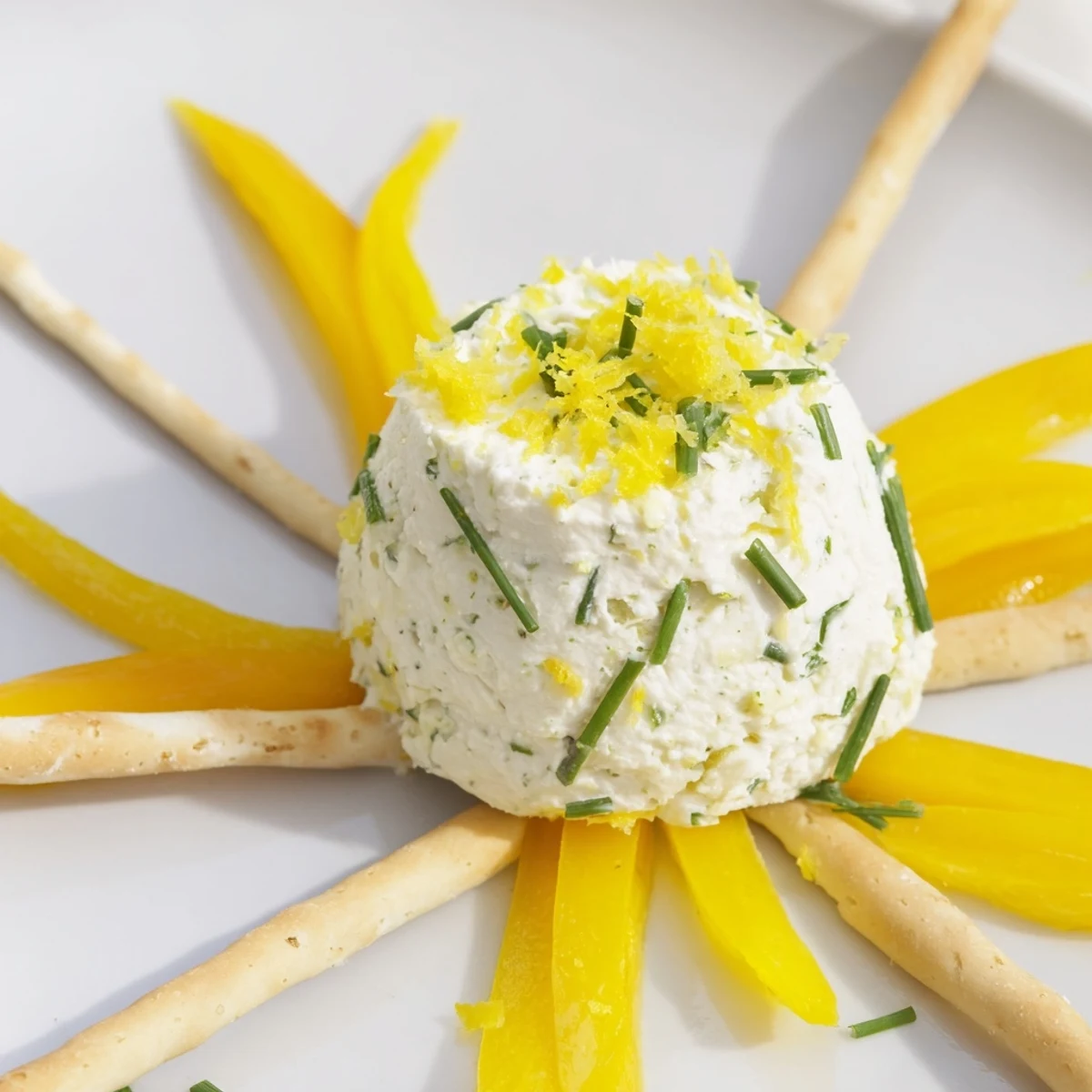 Summery Italian Tuscan Sunburst with goat cheese, breadsticks, and bright yellow bell peppers, ready to eat.