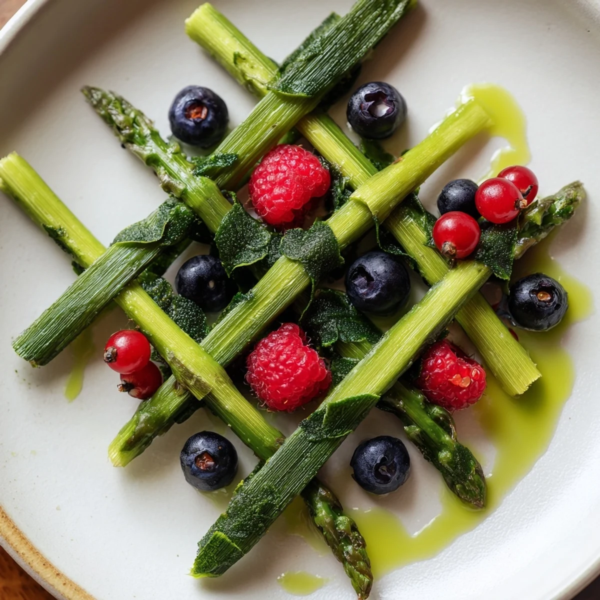 Delectable The Botanical Lattice appetizer: Fresh fruits peek through an asparagus and chive woven lattice.