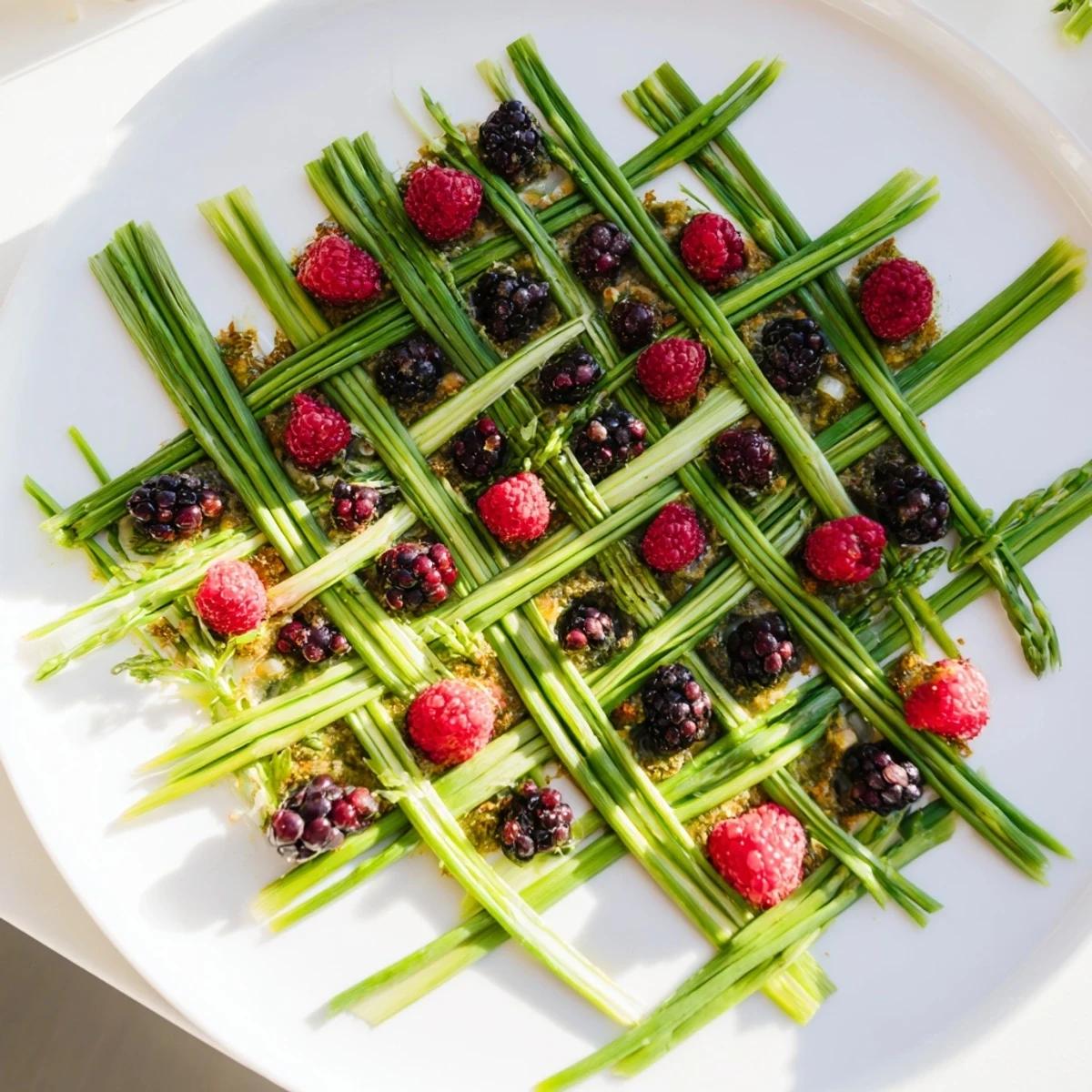 Bright green asparagus lattice holds colorful berries in this elegant Botanical Lattice presentation.