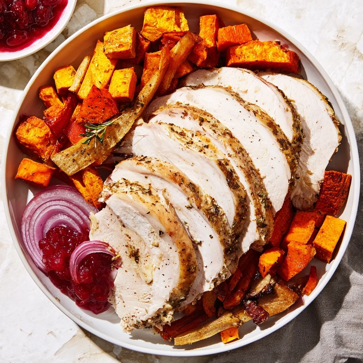 Golden-brown Harvest Turkey Platter featuring juicy turkey, vibrant roasted vegetables, and tangy cranberry sauce.