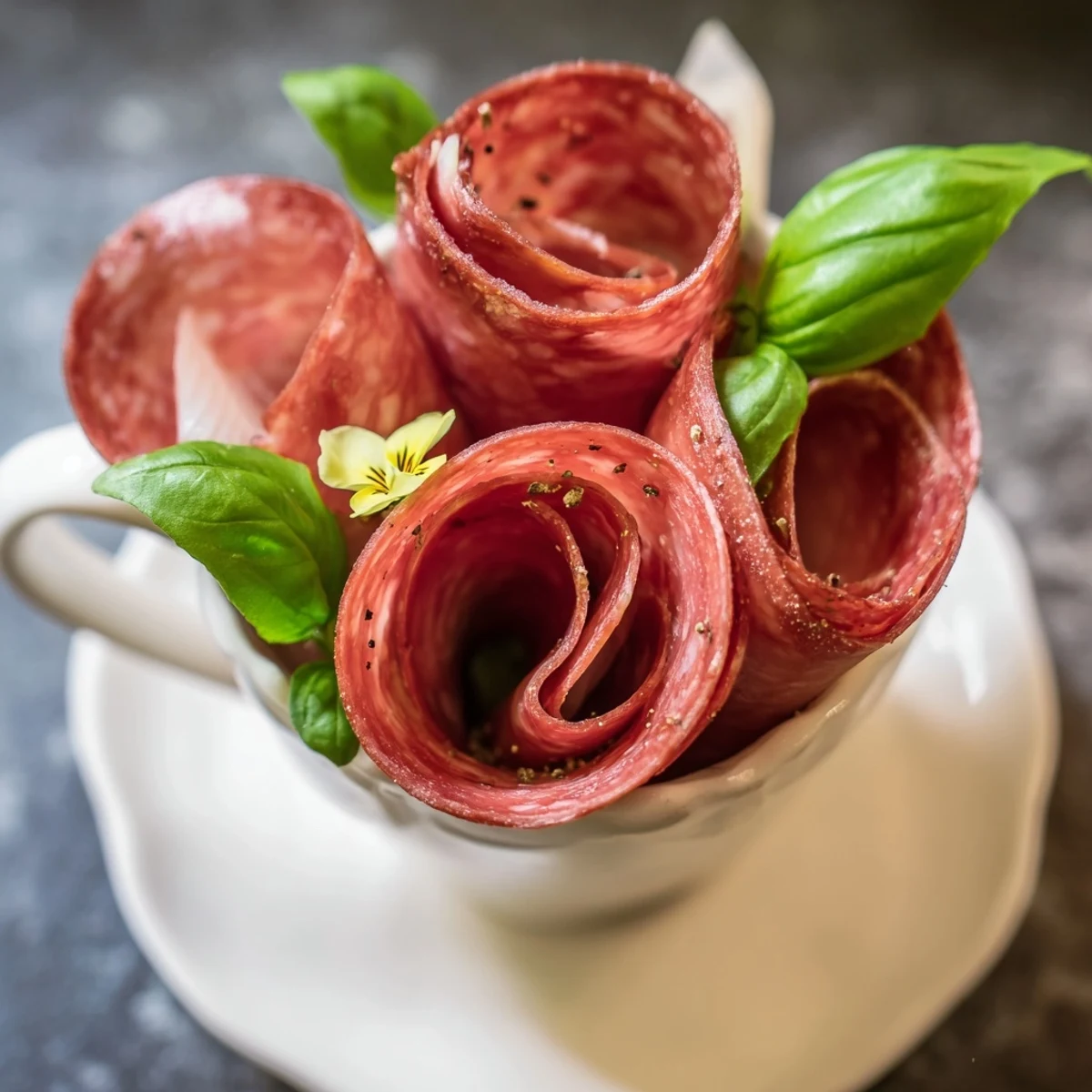 Elegant Victorian Tea Rose appetizer: salami and pepperoni roses displayed in charming porcelain teacups, ready to serve.