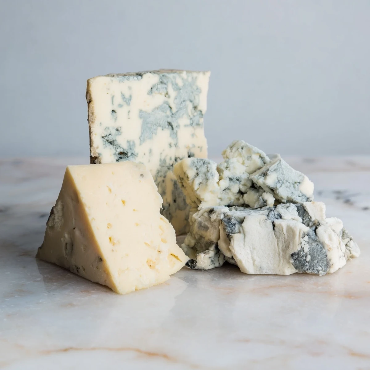 Dramatic close-up of The Marble Quarry cheese appetizer, showcasing the rich textures of cheese served on marble.