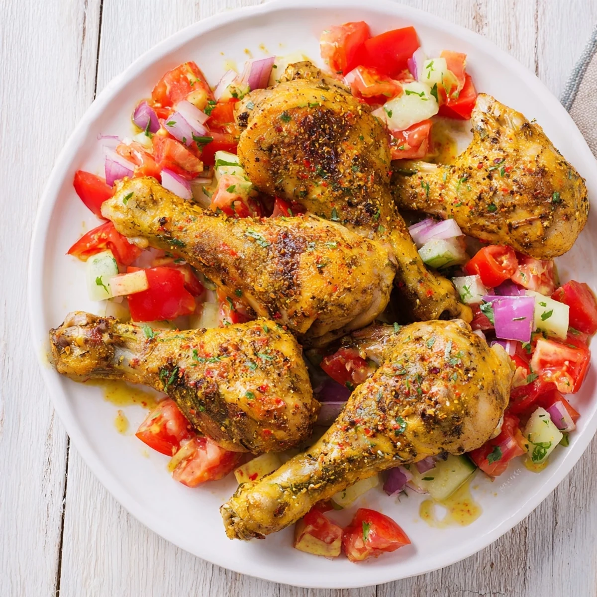 Juicy, spiced Chicken Shawarma Salad, beautifully plated with creamy tahini dressing and fresh vegetables.