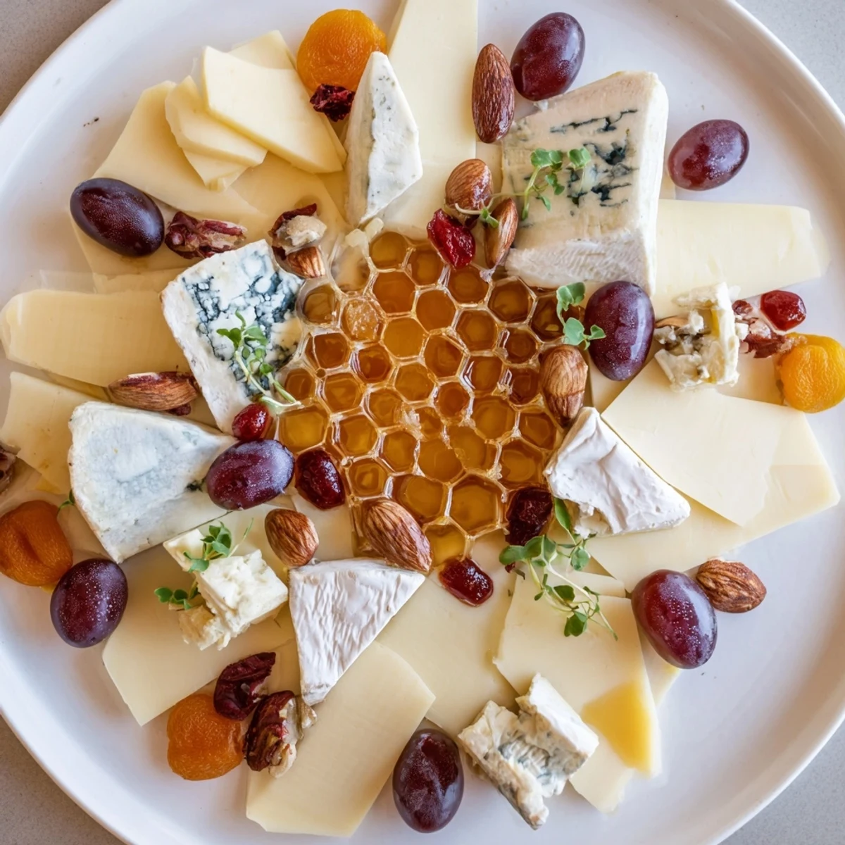 Radiant The Gilded Hive appetizer board, showcasing hexagon-cut cheeses, crispy crackers, and a honeycomb centerpiece.
