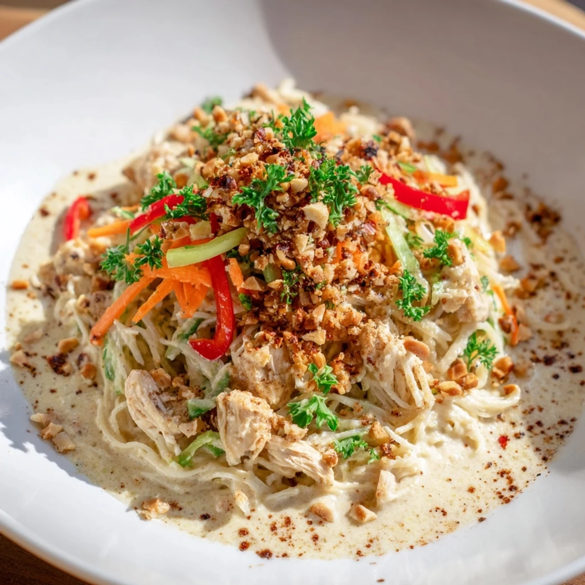 Thai-Inspired Peanut Chicken Pasta: a refreshing, vibrant bowl of cold noodles with peanuts and chicken.