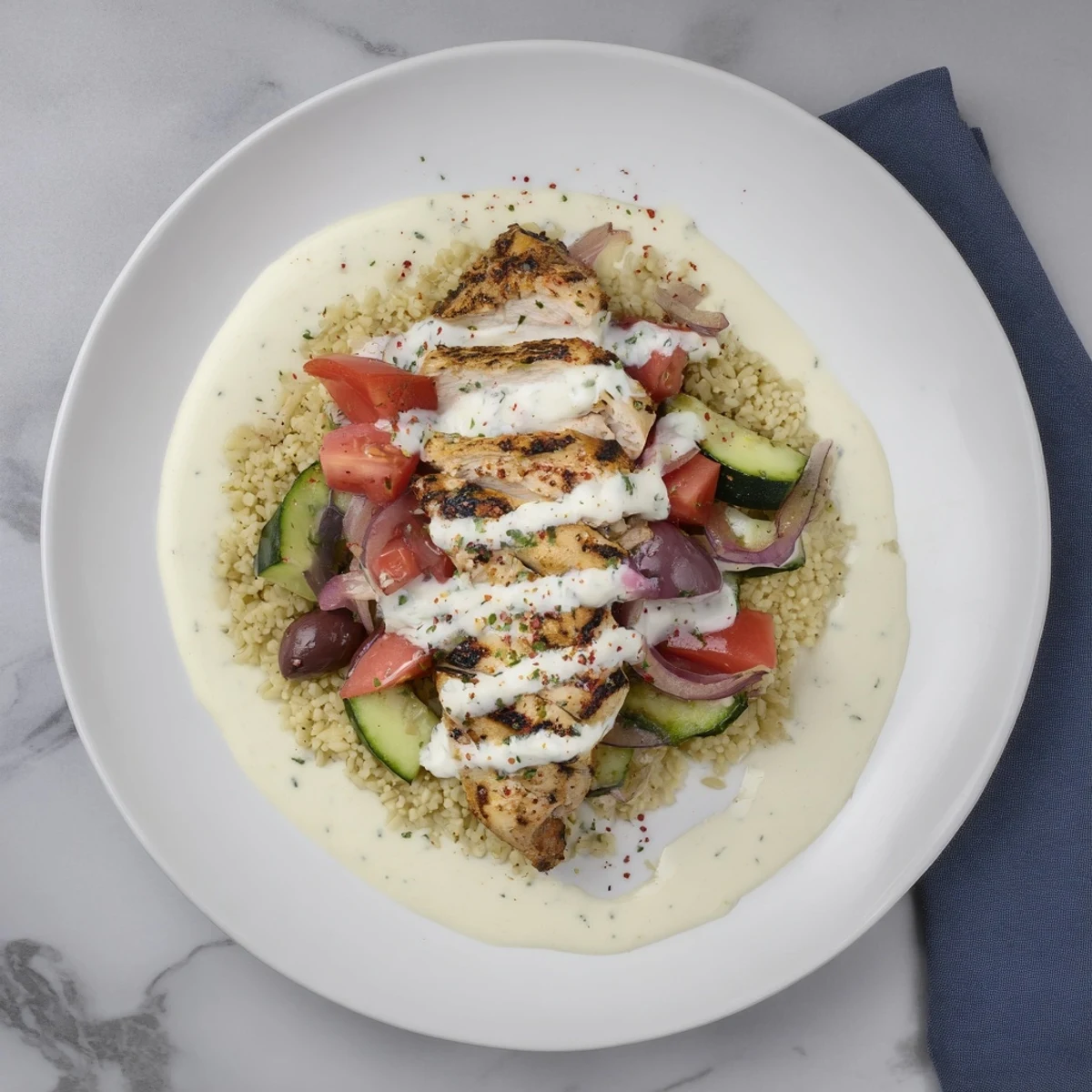 Greek Chicken Gyro Pasta Bowls boast tender grilled chicken, fresh veggies, and creamy feta yogurt dressing.