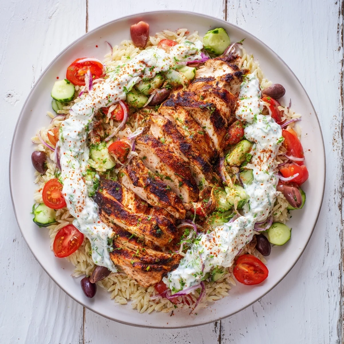 A colorful photo of Greek Chicken Gyro Pasta Bowls with juicy tomatoes and flavorful orzo pasta is shown.