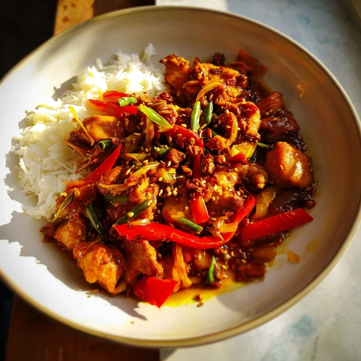 A bowl piled high with delicious Mongolian Chicken, featuring tender chicken and noodles ready to eat.