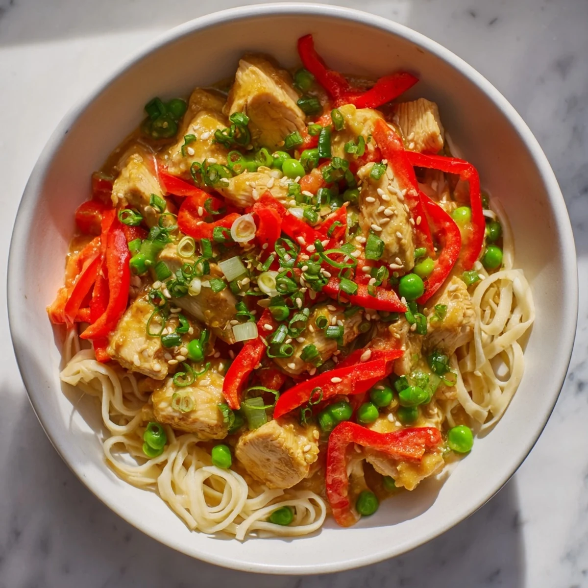 Close-up of savory Mongolian Chicken over rice noodles, garnished with sesame seeds and fresh scallions.