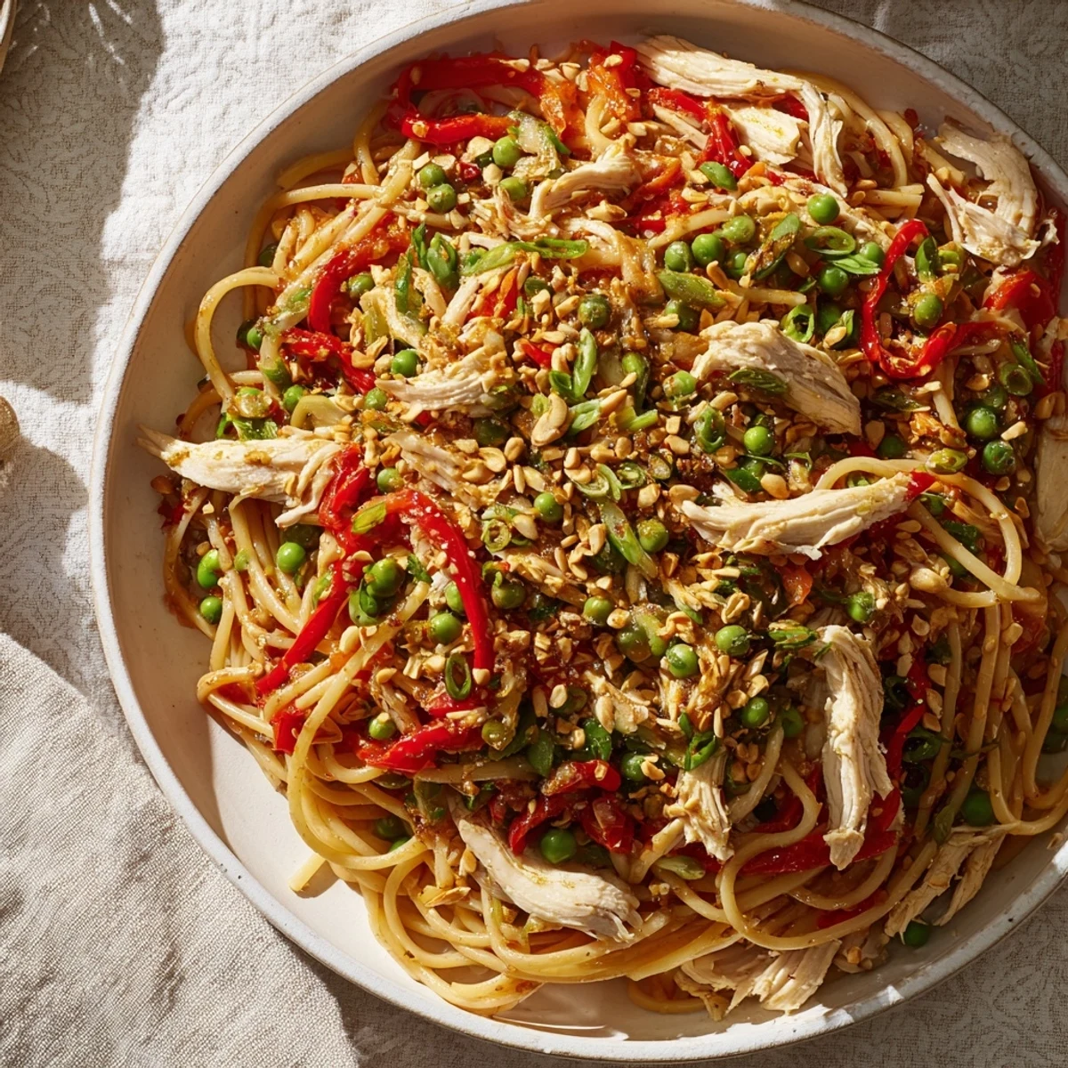 Steaming bowl of Sesame Hoisin Ground Chicken Pasta, a delicious Asian-inspired weeknight dinner.