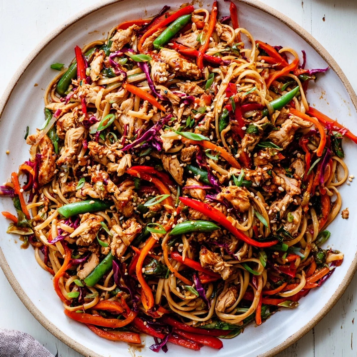 Enjoy a flavorful plate of Sesame Hoisin Ground Chicken Pasta, perfectly tossed with fresh, crisp veggies.
