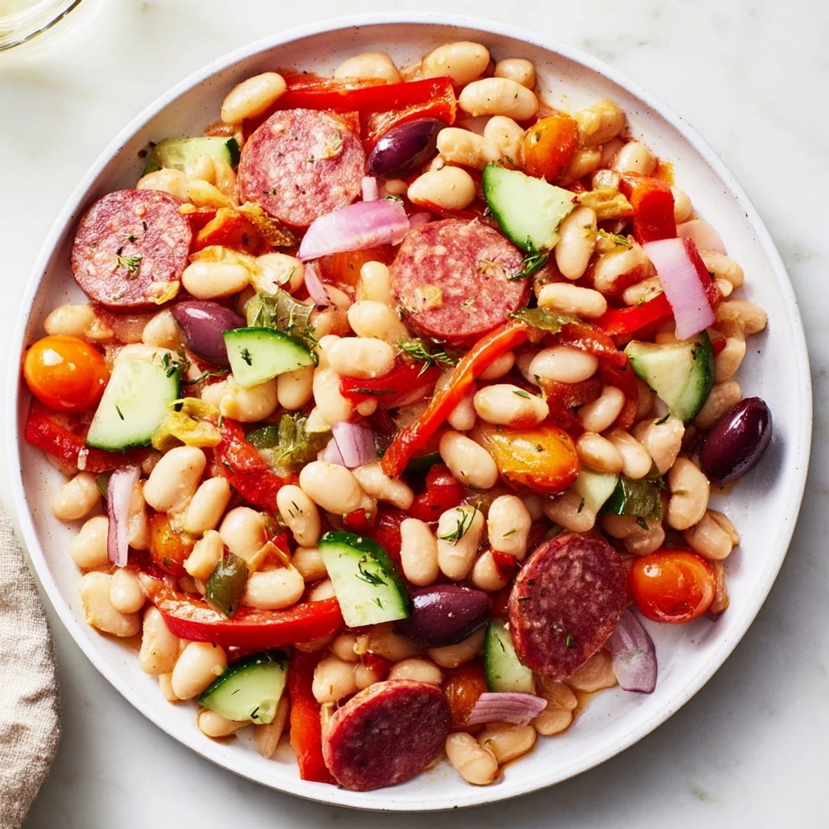 A generous bowl of Mediterranean Dense Bean Salad with salami, filled with vibrant colors and textures.