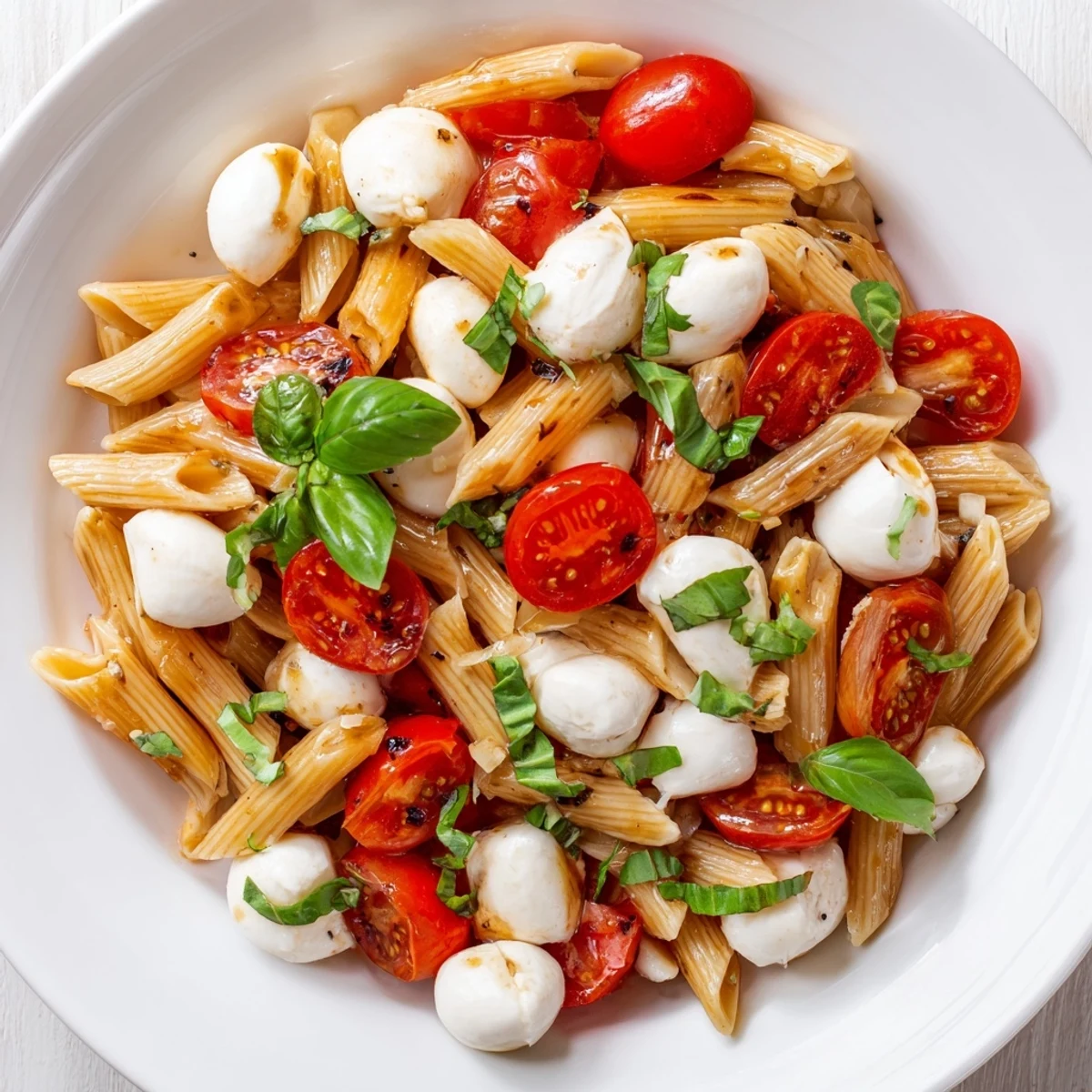 Fresh Caprese Pasta Salad, bursting with juicy tomatoes, creamy mozzarella, and a tangy balsamic dressing.