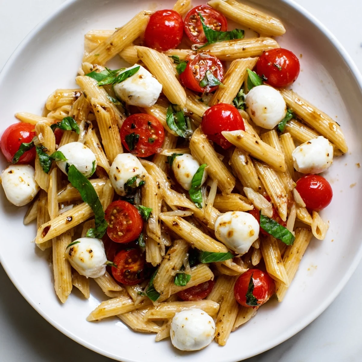 A colorful bowl of Caprese Pasta Salad, featuring al dente pasta and vibrant basil leaves, ready to be enjoyed.