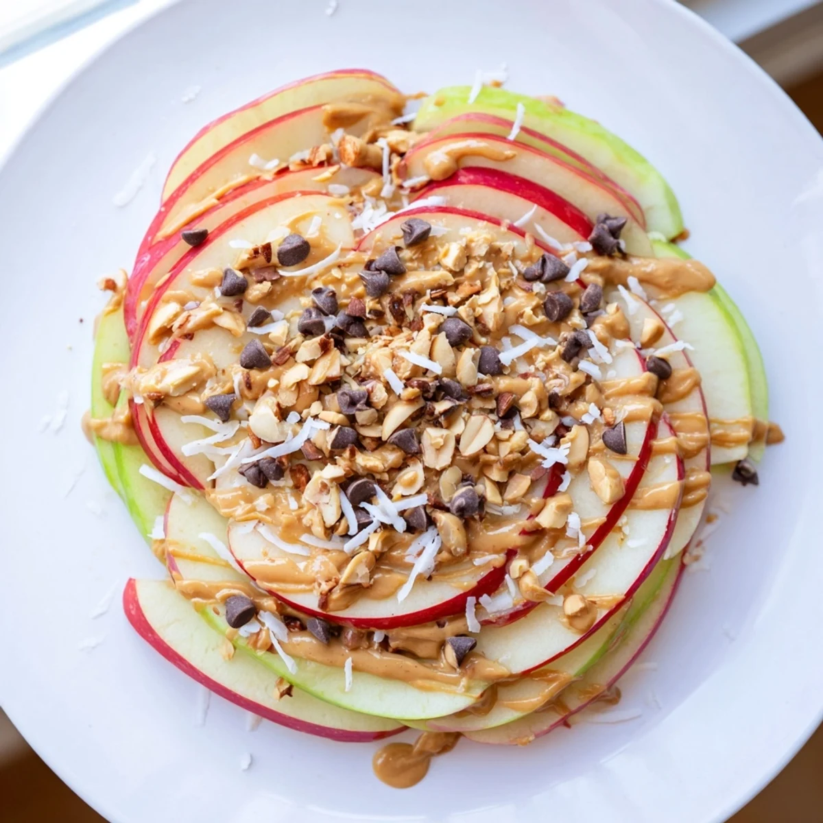 Freshly sliced apples drizzled with peanut butter and honey, forming a yummy Peanut Butter Apple Nachos snack.