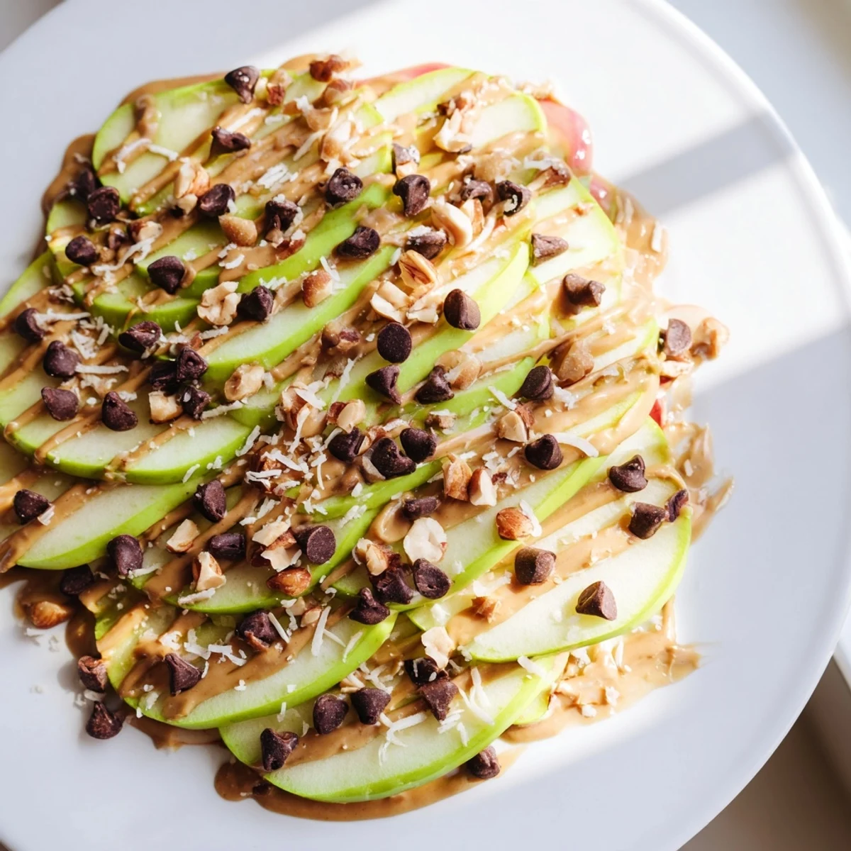 A close-up of delicious Peanut Butter Apple Nachos: crisp apple slices layered with toppings and peanut butter.