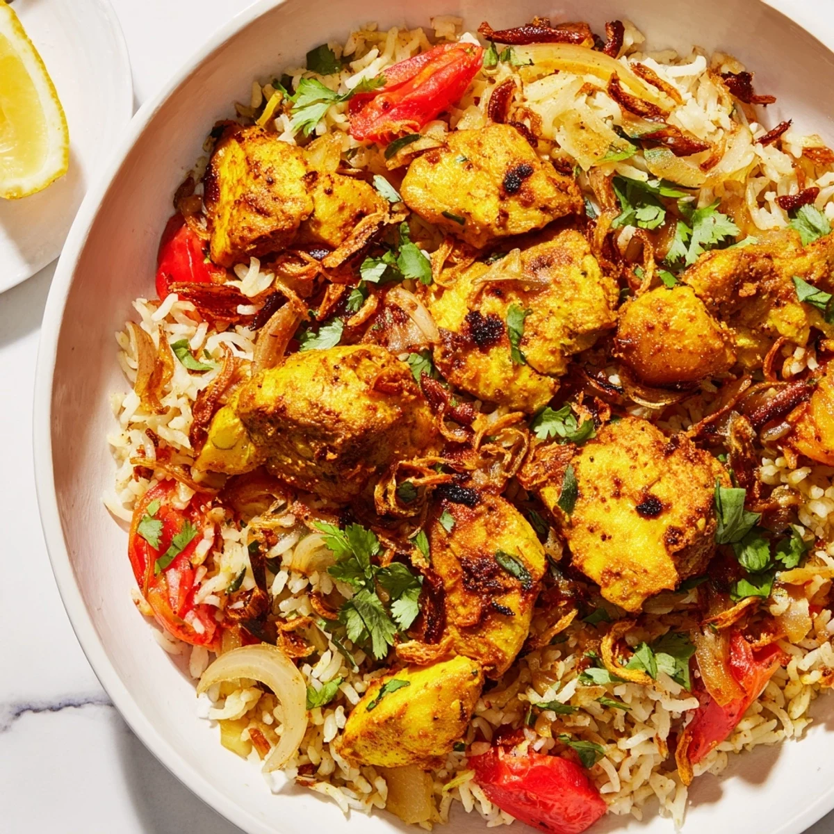 Aromatic Easy Chicken Biryani: a one-pot meal with fluffy rice and tender chicken, picture the steam.