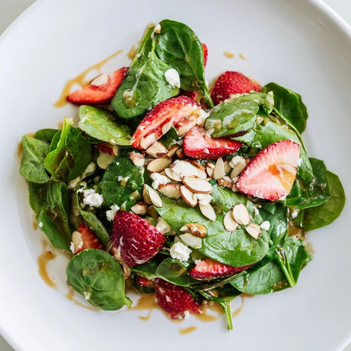 Strawberry Spinach Salad, bursting with fresh strawberries, spinach, and creamy feta, drizzled with vinaigrette.