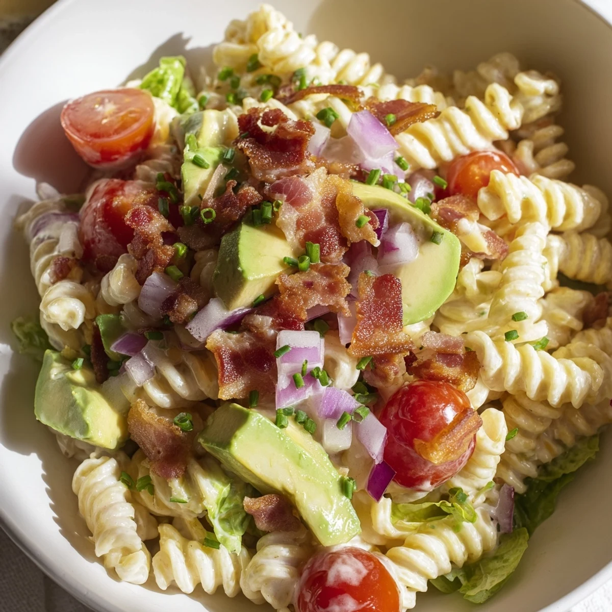 BLT Pasta Salad: Creamy pasta salad with crisp bacon, juicy tomatoes, and fresh, green lettuce.
