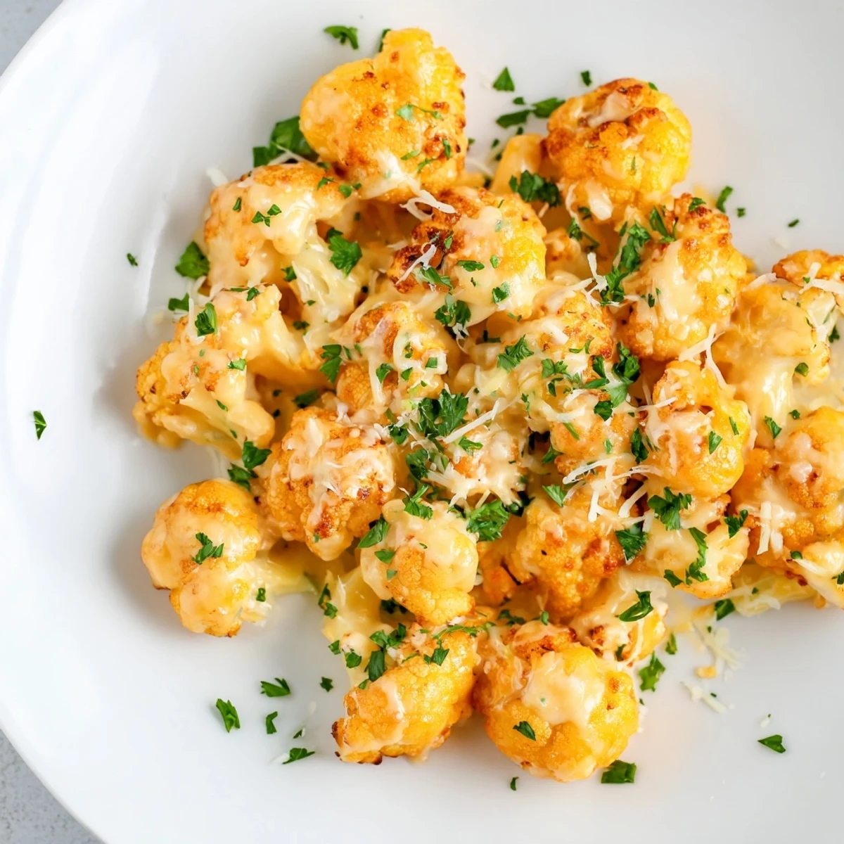 A close-up of cheesy, bubbling Cheesy Cauliflower Mac, ready to serve and enjoy as a comforting meal.
