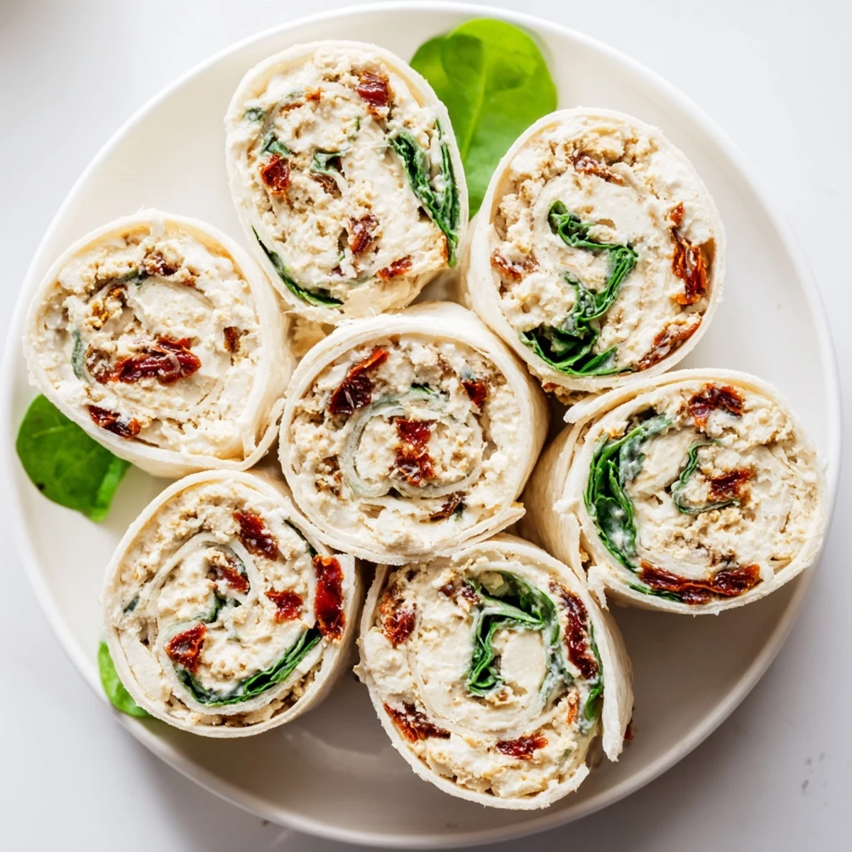 Sun-dried tomato turkey roll-ups are filled with creamy cheese, fresh basil, and spinach; delicious appetizer.