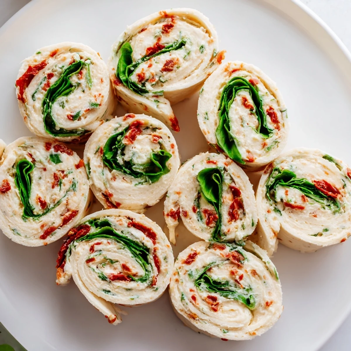 Enjoy perfectly sliced sun-dried tomato turkey roll-ups, showcasing vibrant filling on a serving platter.