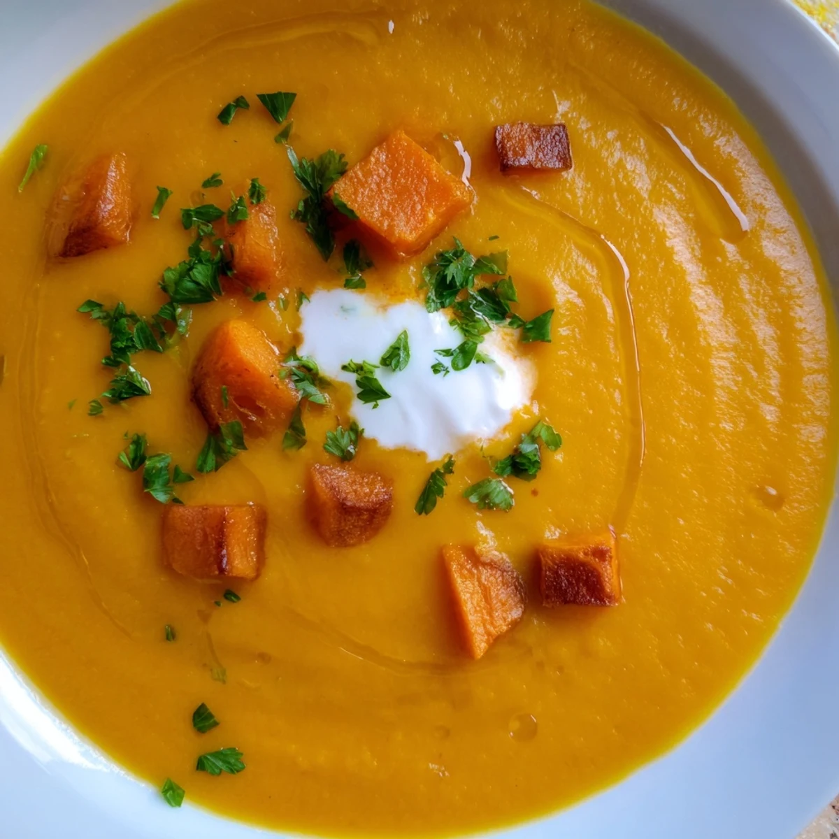 Golden-hued Sweet Maple Carrot Soup, garnished with parsley and ready to be served warm.