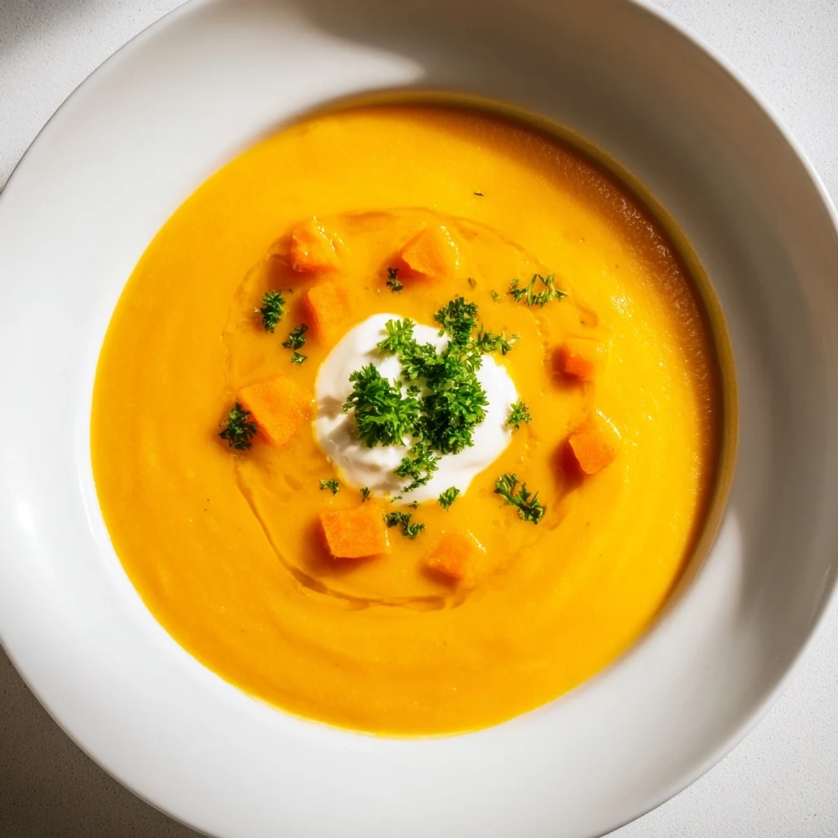 A close-up shot of the velvety smooth Sweet Maple Carrot Soup, perfect for a cozy afternoon.