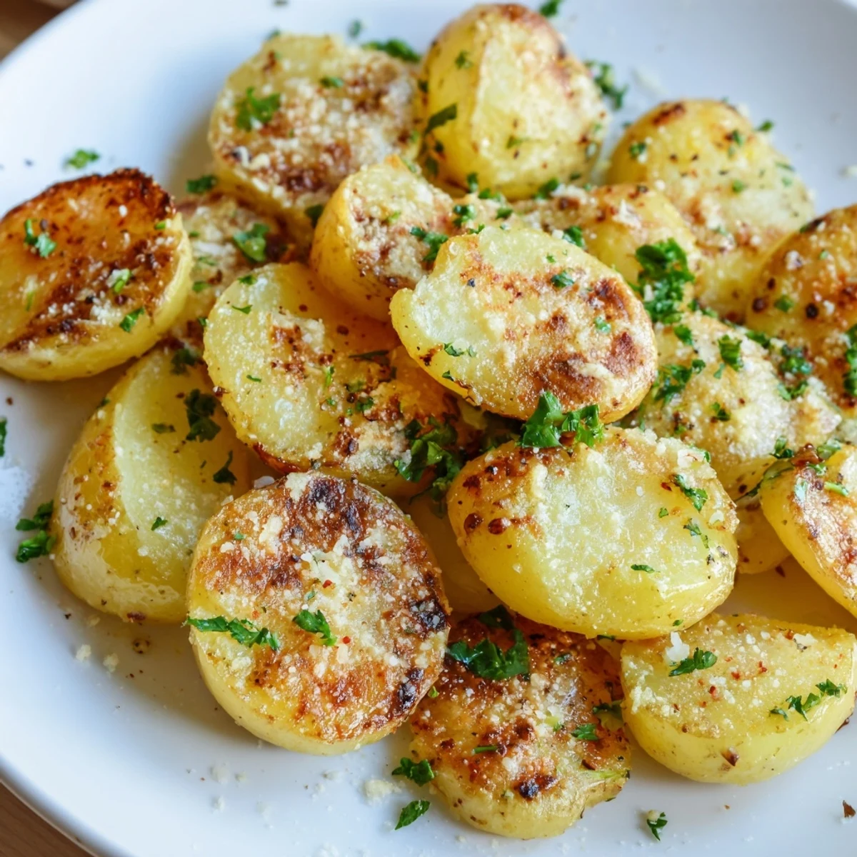 Golden brown Garlic Parmesan Potatoes, ultra-crispy and ready to serve as a tasty side.