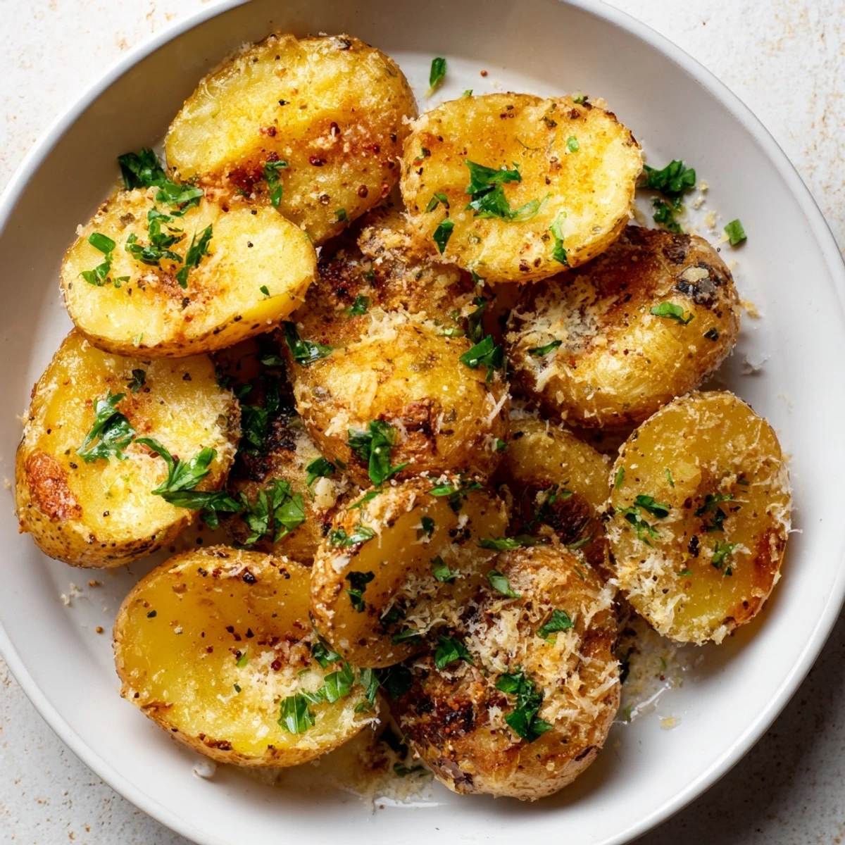 Smashed baby potatoes coated in garlic-Parmesan, a delicious recipe for ultra-crispy potatoes.