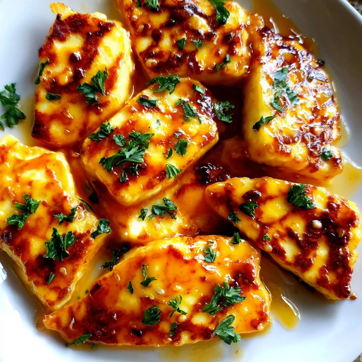 Close-up of golden, pan-fried hot honey halloumi, promising a delicious, cheesy bite.