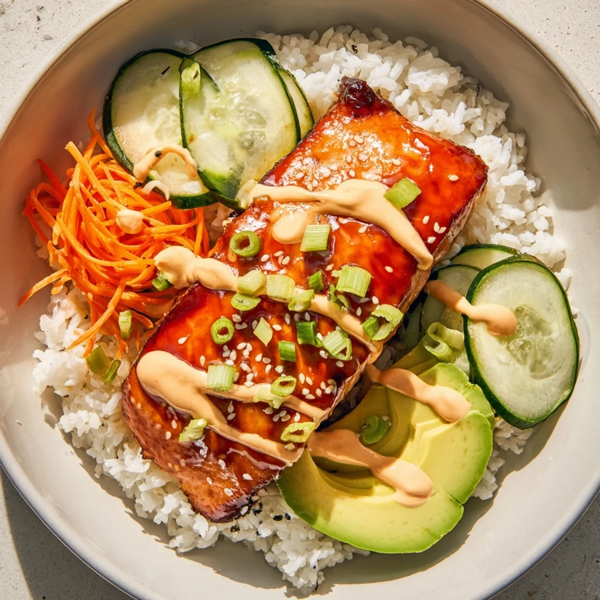 This enticing teriyaki salmon rice bowl, featuring perfectly cooked salmon is ready for your enjoyment.