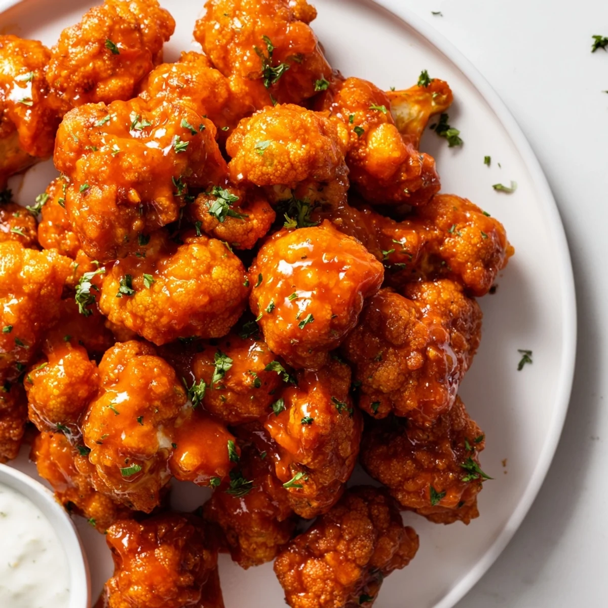 A close-up of generously sauced Buffalo Cauliflower Bites, showing the appetizing, plant-based meal.