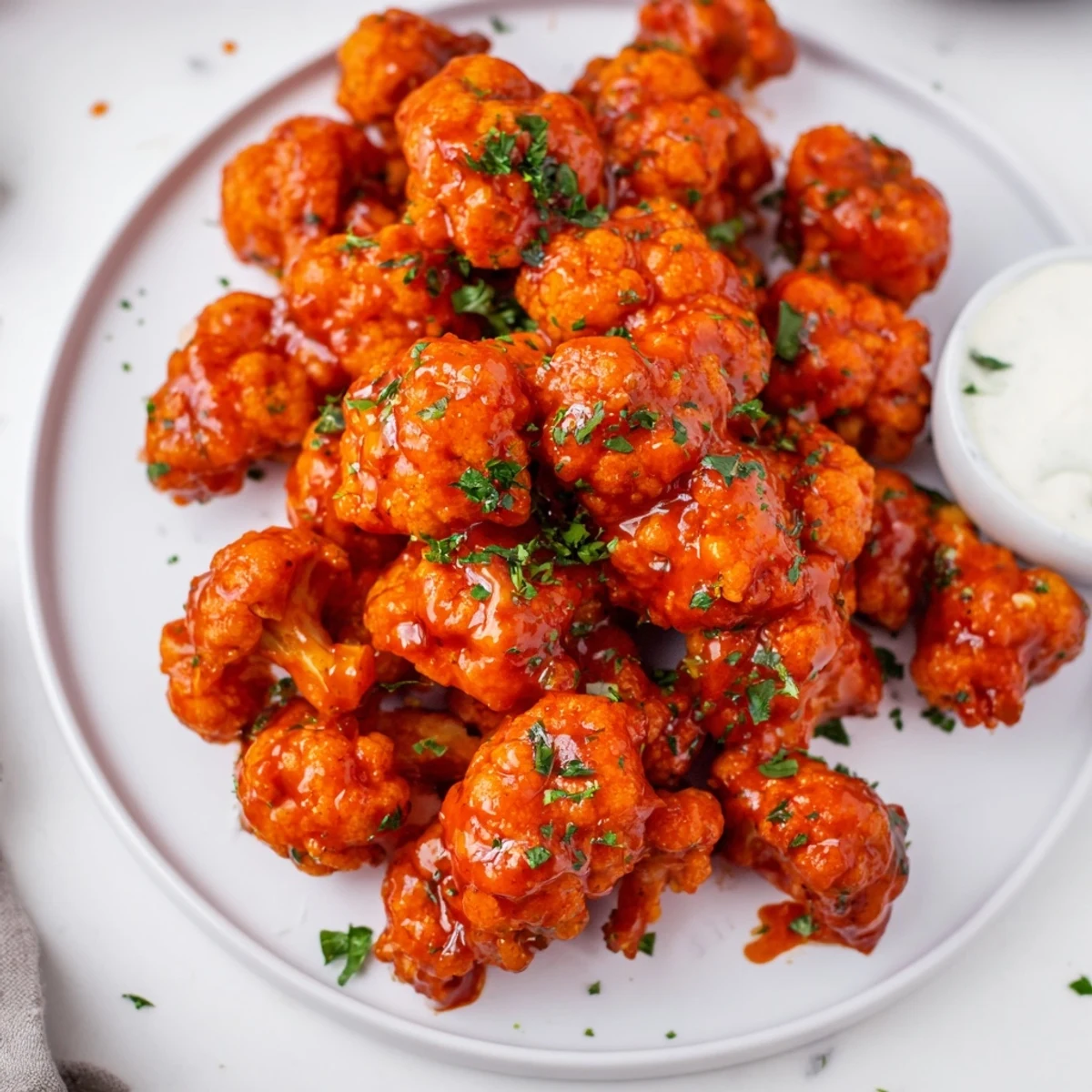 Golden-brown and crispy Buffalo Cauliflower Bites ready to be dipped, perfect appetizer vibes.