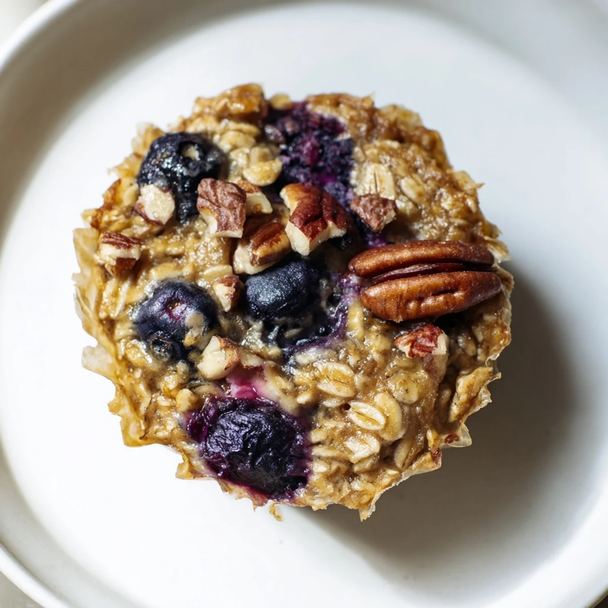 A golden-brown baked oatmeal cup, brimming with berries, ready for a delicious breakfast.