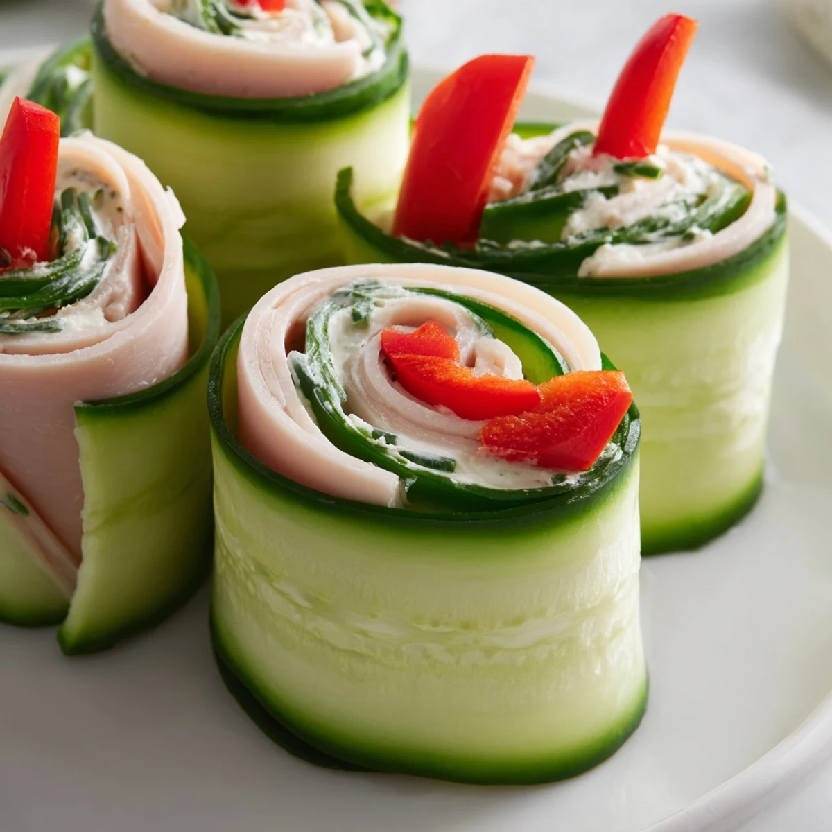 Fresh, vibrant cucumber roll-ups filled with deli meat and cream cheese, a perfect low-carb snack.