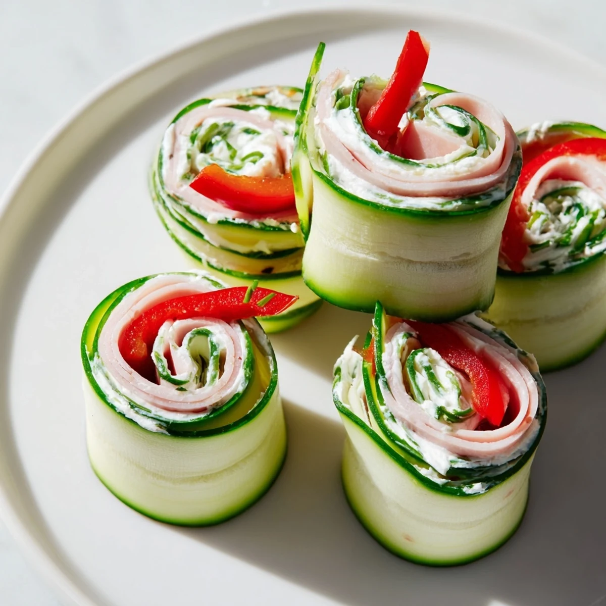 Beautifully arranged cucumber roll-ups showcasing a healthy, colorful appetizer for any occasion.