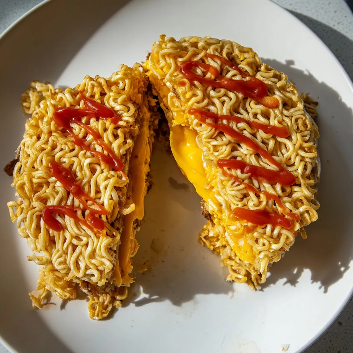 Golden-brown Instant Ramen Grilled Cheese, oozing with melted cheese and hot sauce.
