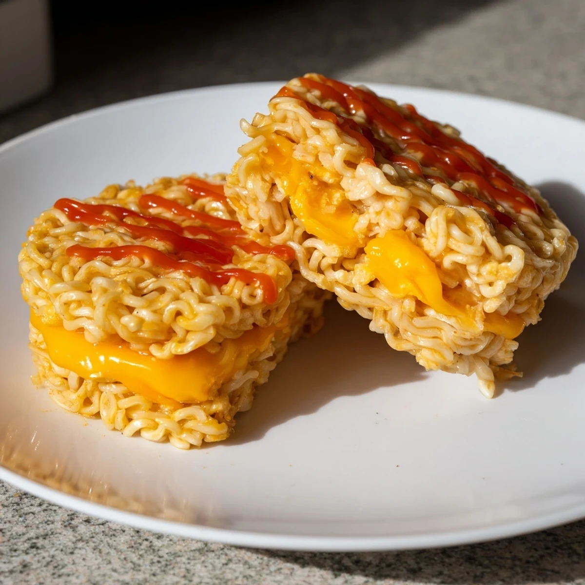 Crispy ramen noodle "buns" sandwiching cheesy goodness in this Instant Ramen Grilled Cheese creation.