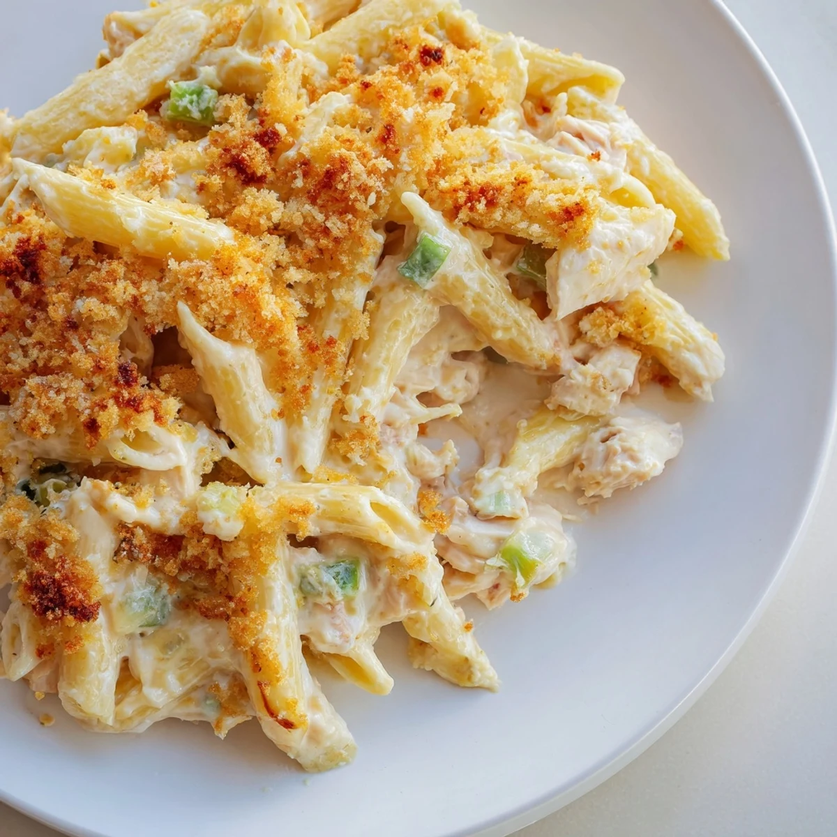 Creamy Jalapeño Popper Chicken Pasta, bubbling hot with melted cheese, is a comforting, spicy dinner.