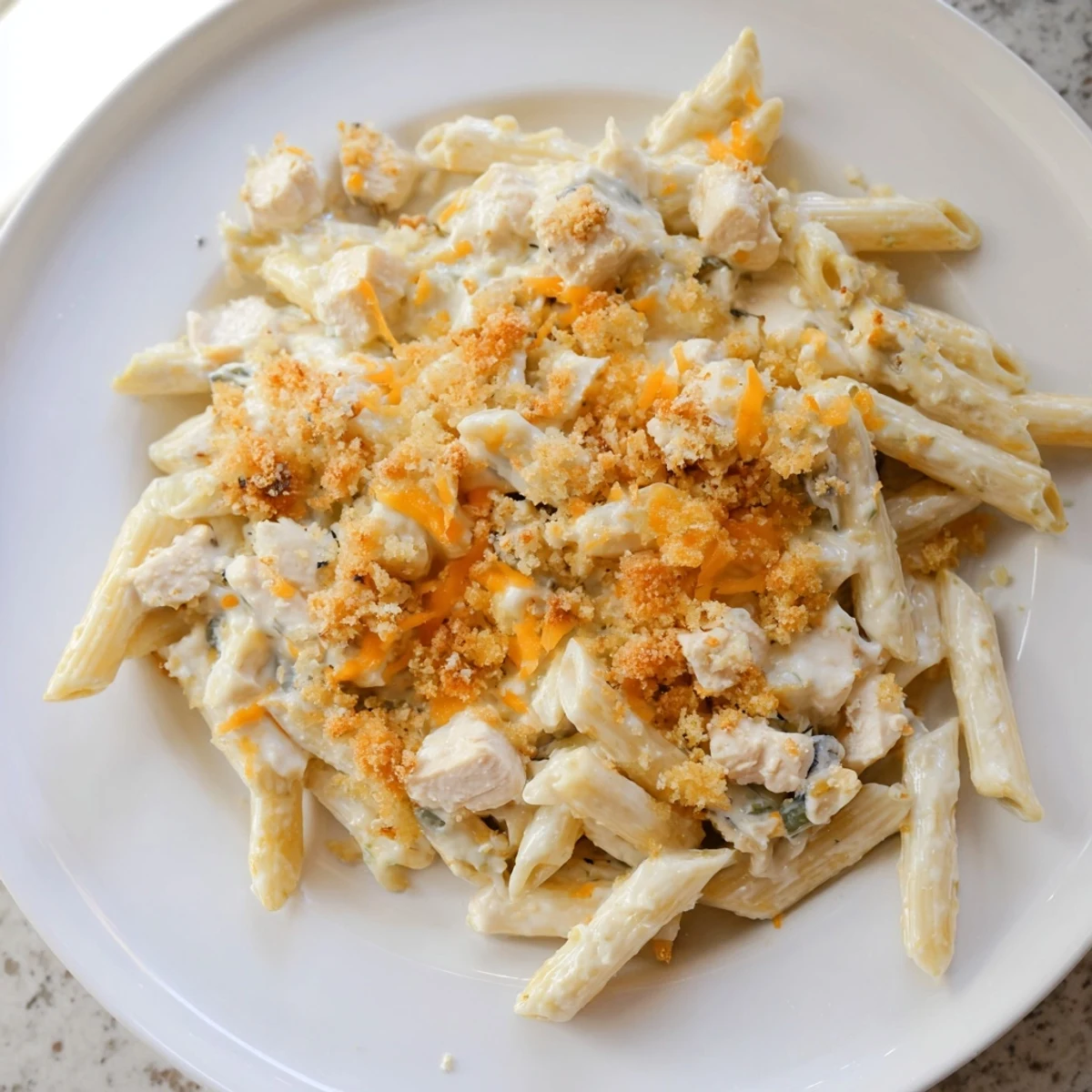 Golden breadcrumbs crown this baked Jalapeño Popper Chicken Pasta, offering a satisfying crunch to each forkful.