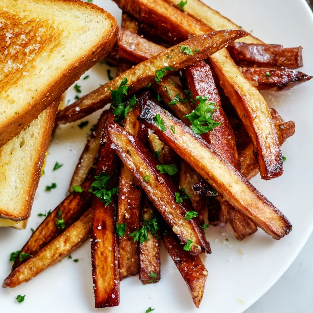 Crispy beef tallow French fries alongside a gooey grilled cheese sandwich; classic American comfort food.