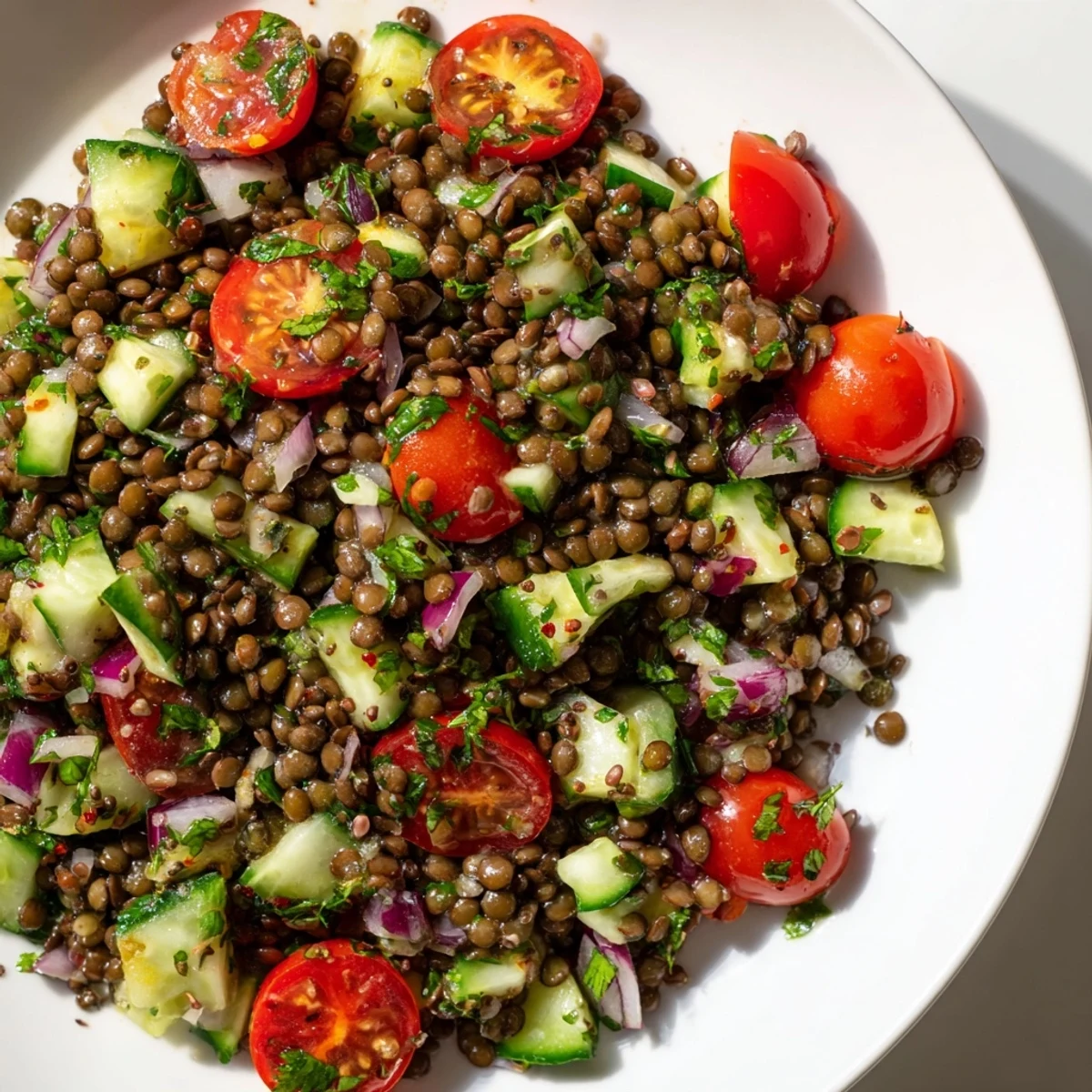 This fresh lentil salad features juicy tomatoes, crisp cucumber, and a tangy mustard vinaigrette.