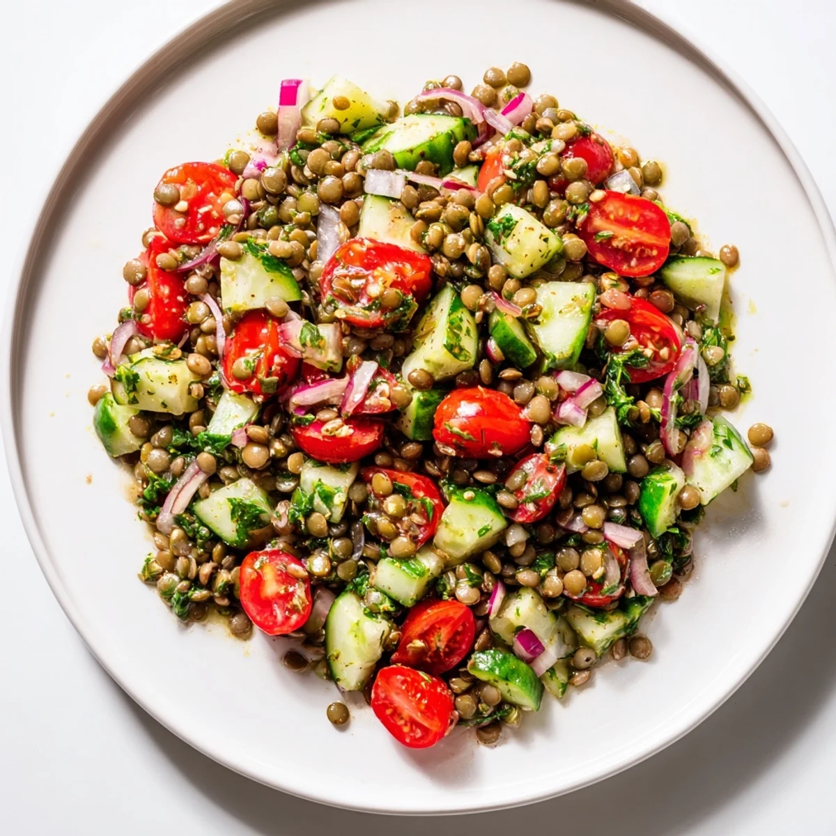 A colorful bowl of lentil salad with herbs, making a perfect, healthy side dish.