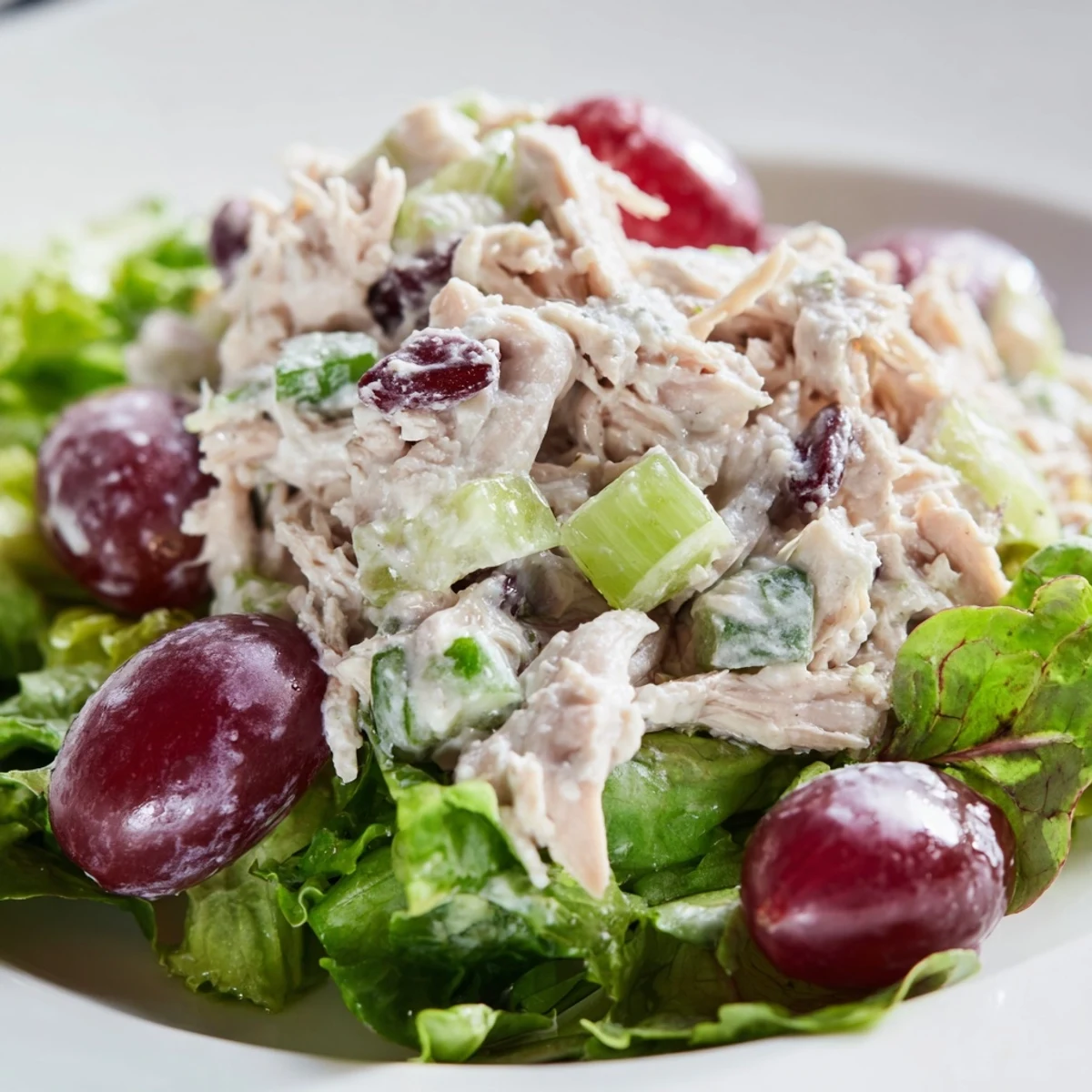 Fresh Crispy Chicken Salad: Imagine a bowl of tender chicken, vibrant greens, and grapes.