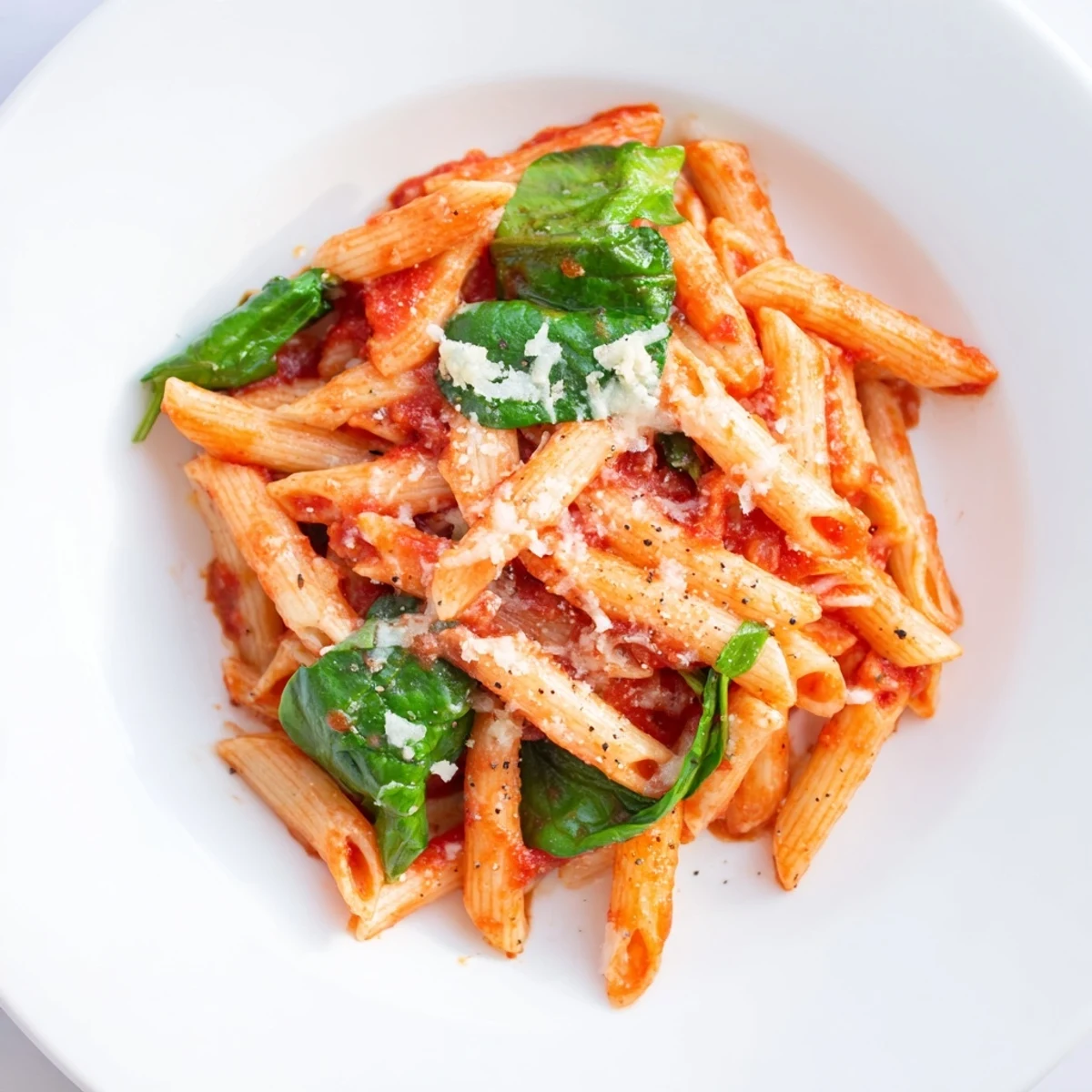 A close-up of steaming Quick Marinara Pasta with Spinach, ready to serve with Parmesan cheese and basil.