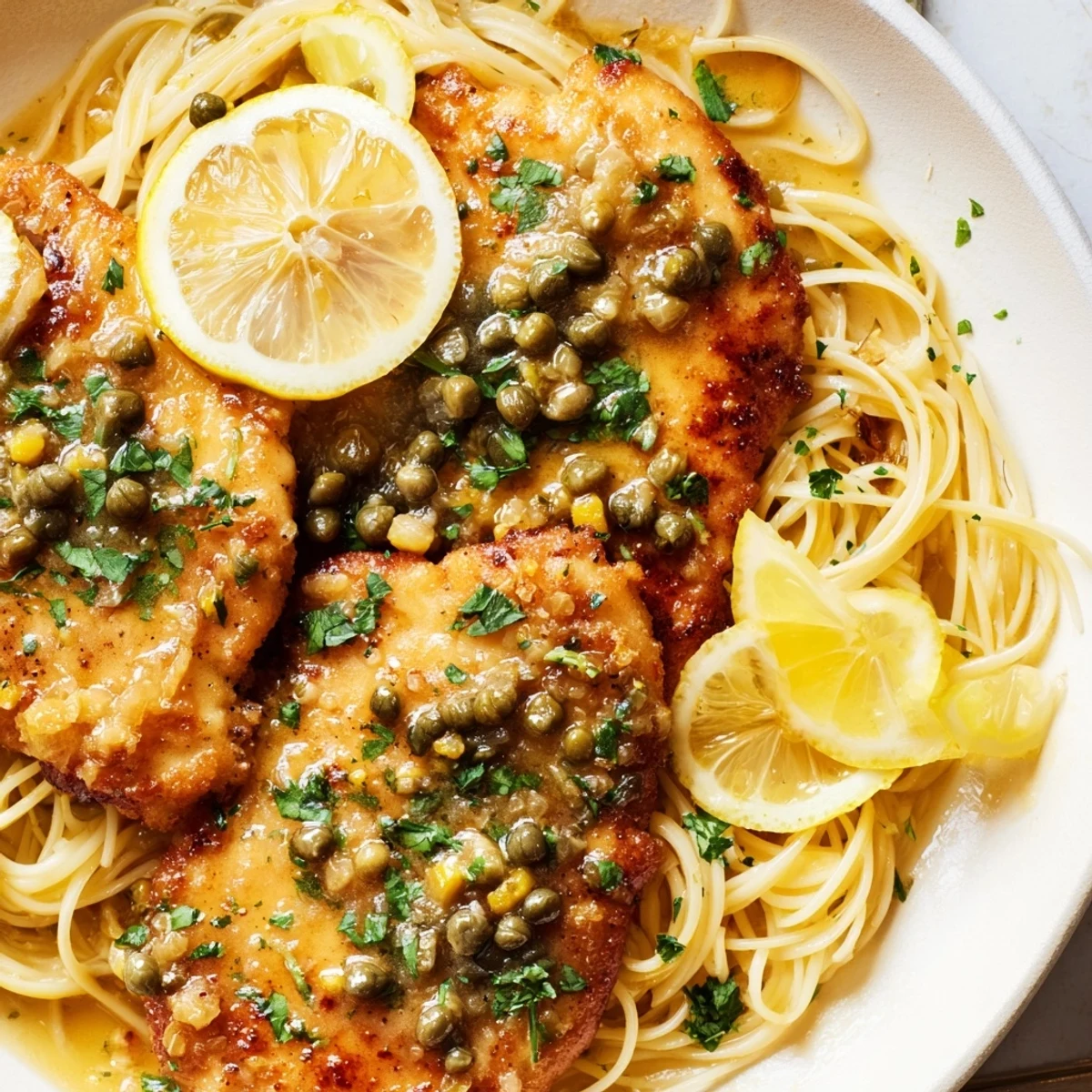 A steaming plate of Quick Chicken Piccata Pasta, garnished with parsley and fresh lemon slices.