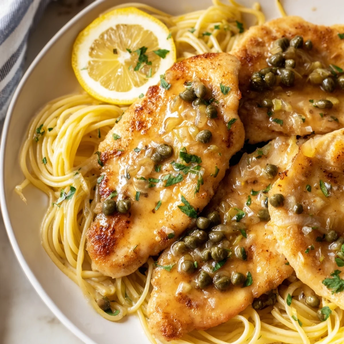 Close-up of Quick Chicken Piccata Pasta, showcasing tender chicken in a rich, buttery sauce.