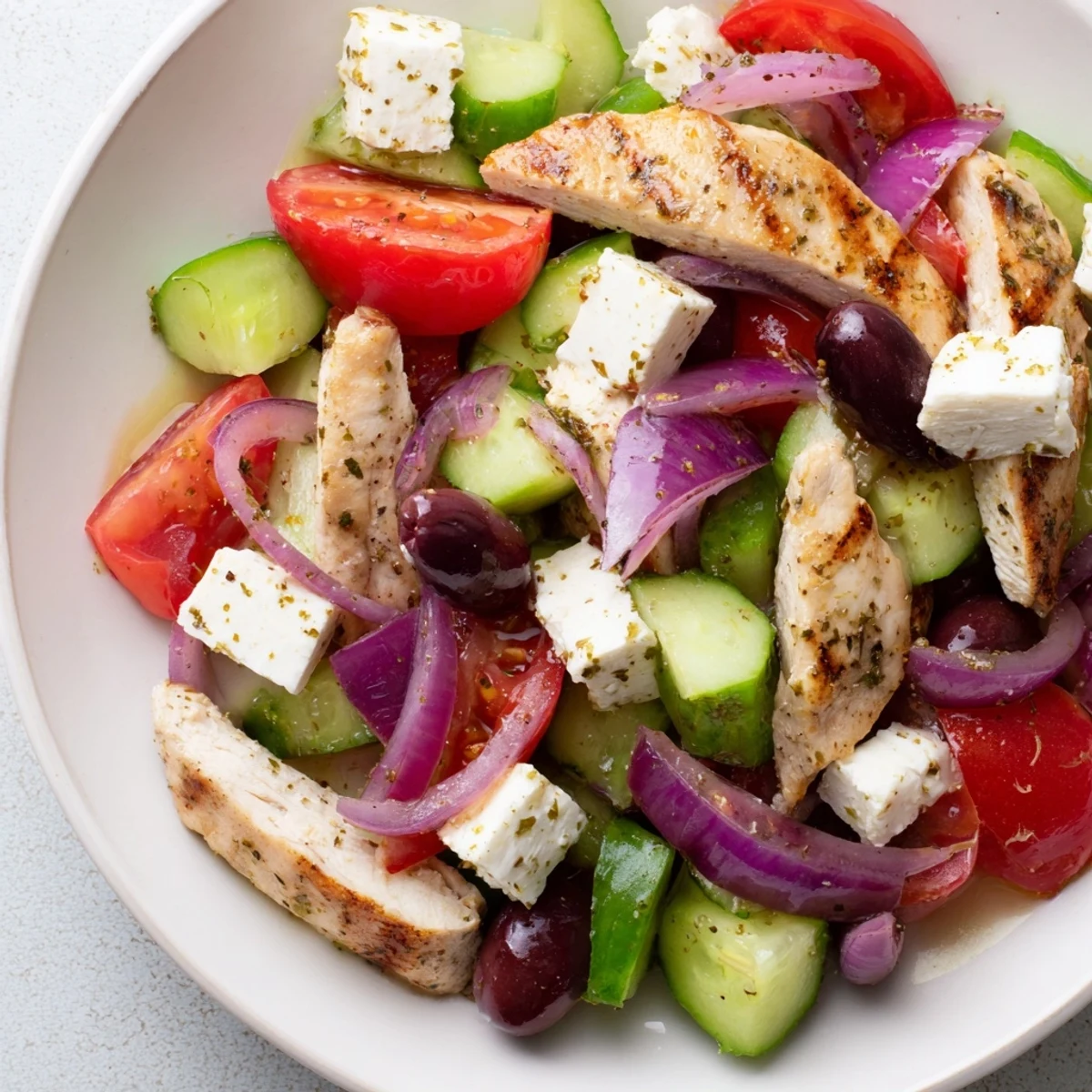 Juicy grilled chicken tops a vibrant Greek salad with tomatoes and feta cheese.
