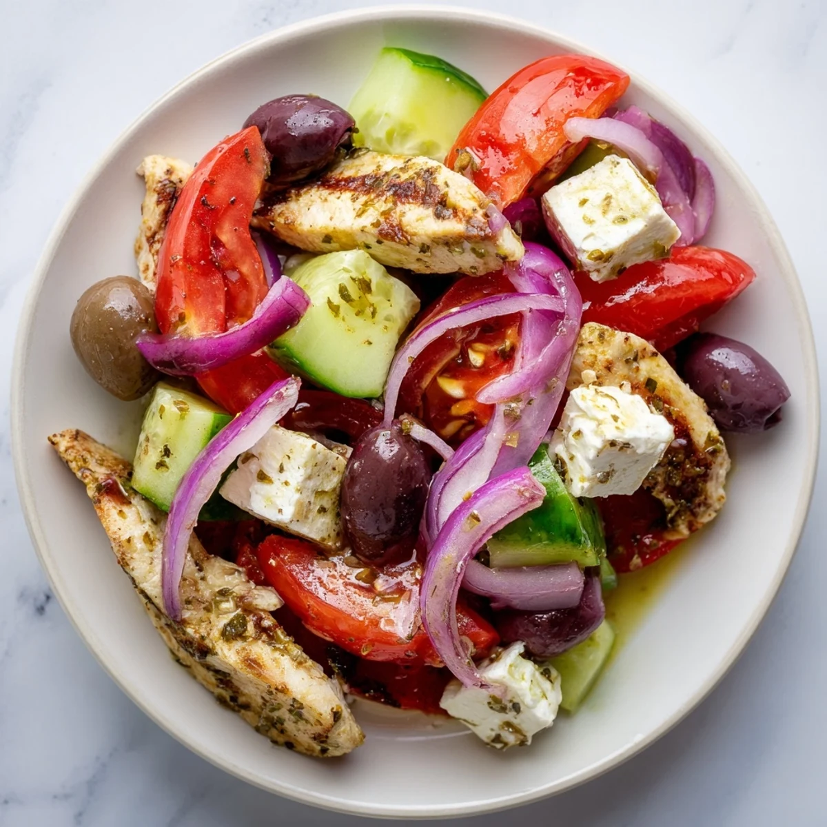 Freshly plated Greek Salad with Grilled Chicken, bursting with colors and flavors, ready to eat.